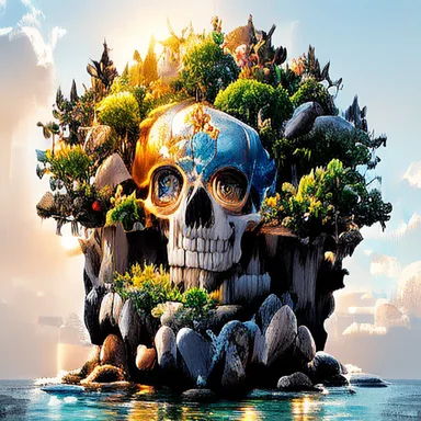 A skull-shaped island painted by Ghibli, WTF, 4 steps