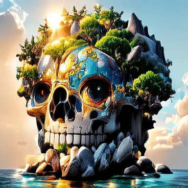 A skull-shaped island painted by Ghibli, WTF, 50 steps
